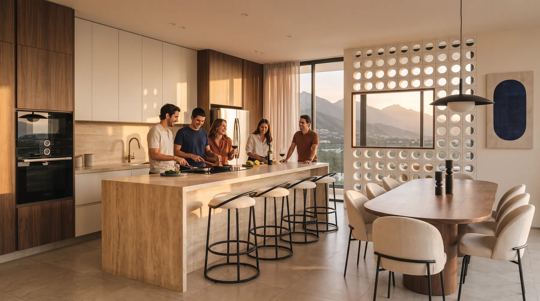 Kitchen room con isla y mesa larga