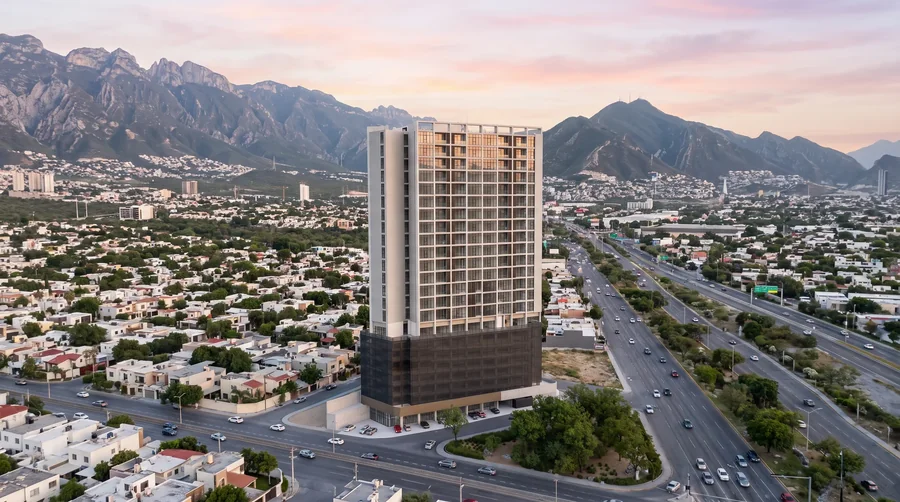 Vista aérea de la torre en Valle Poniente con la Sierra Madre