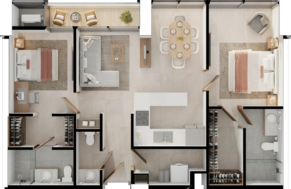 Planta del tipo A: 2 recámaras, 2.5 baños, sala, comedor, cocina, lavandería y terraza