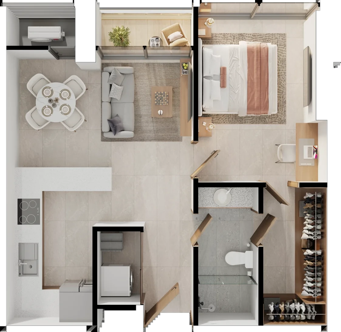 Planta del tipo B: 1 recámara, 1 baño, sala, comedor, cocina y terraza