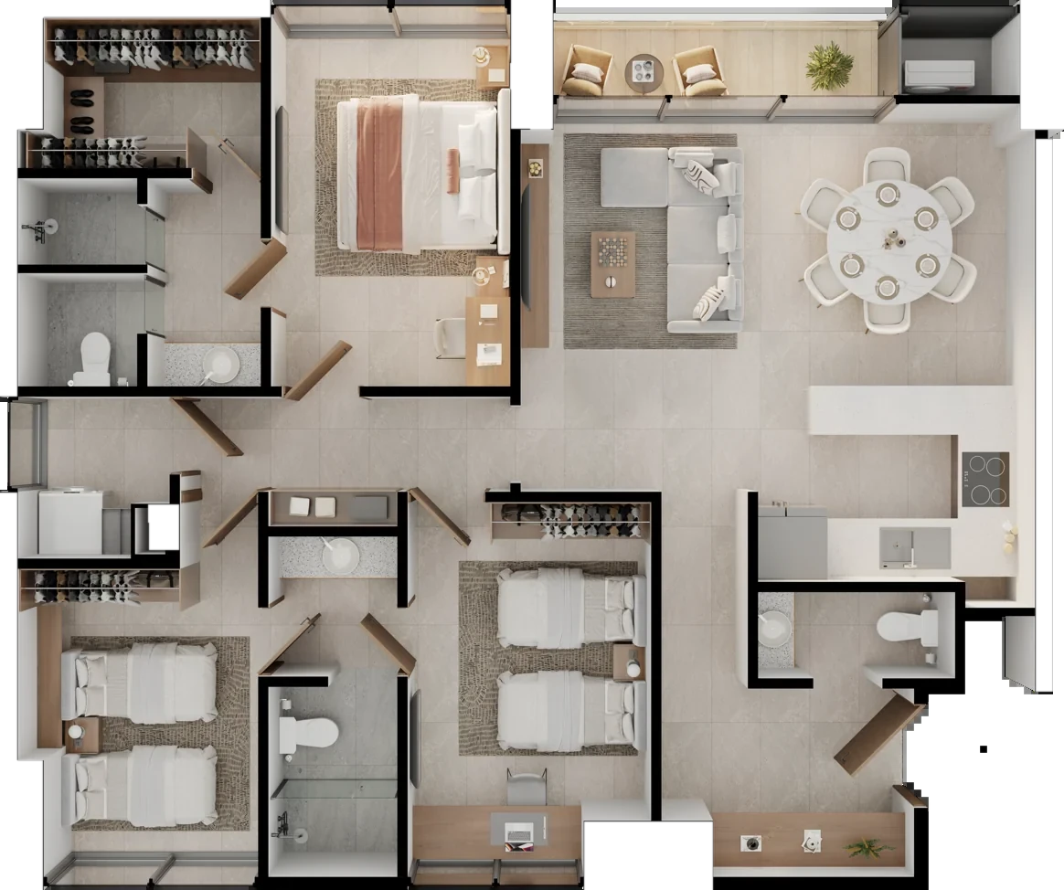 Planta del tipo C1: 3 recámaras, 2.5 baños, sala, comedor, cocina y terraza
