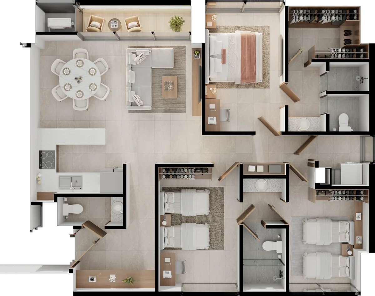 Planta del tipo C2: 3 recámaras, 2.5 baños, sala, comedor, cocina y terraza