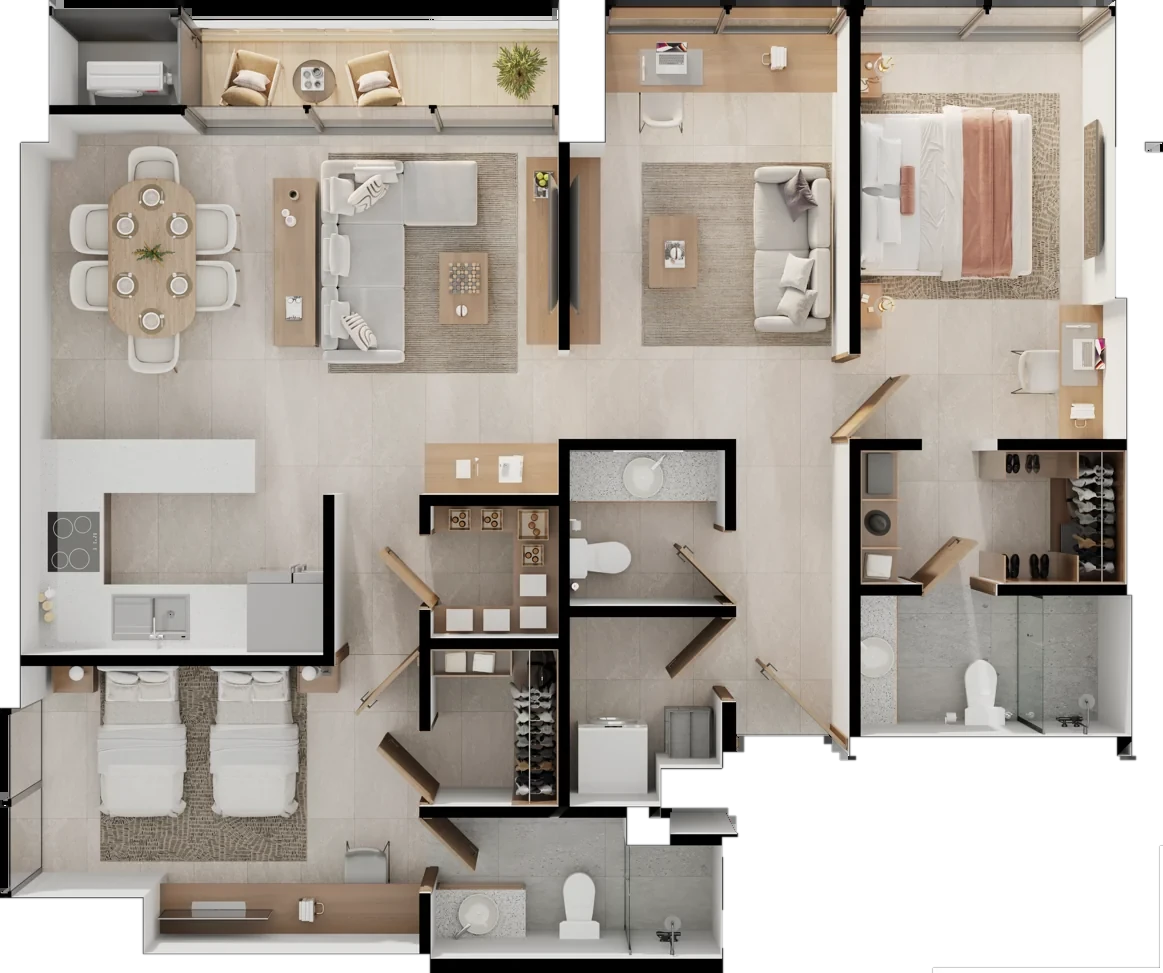 Planta del tipo C3: 2 recámaras, espacio flex, 2.5 baños, bodega y terraza